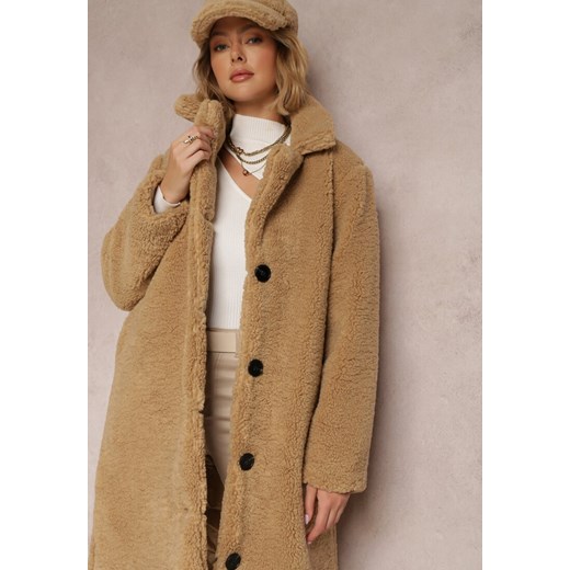 Beżowy Płaszcz Oversize z Pluszowego Futerka z Czapką Jillo ze sklepu Renee odzież w kategorii Futra damskie - zdjęcie 157078607