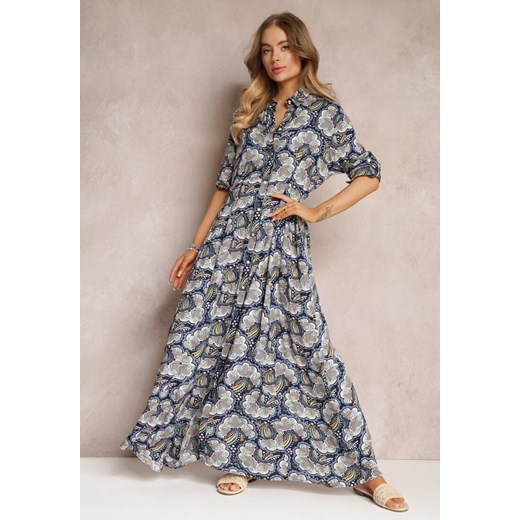 Granatowa Sukienka Koszulowa w Roślinny Wzór Bahi ze sklepu Renee odzież w kategorii Sukienki - zdjęcie 157079148