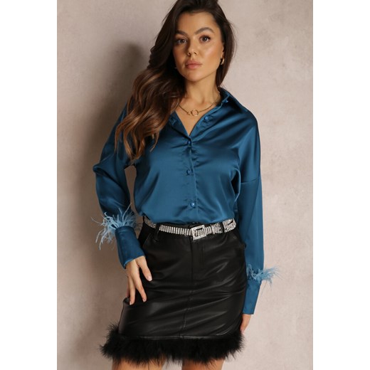 Koszula damska Renee granatowa z długimi rękawami z kołnierzykiem 