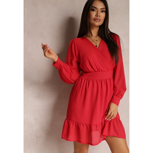 Czerwona Sukienka z Falbanką i Błyszczącą Nitką Vadi ze sklepu Renee odzież w kategorii Sukienki - zdjęcie 157080425