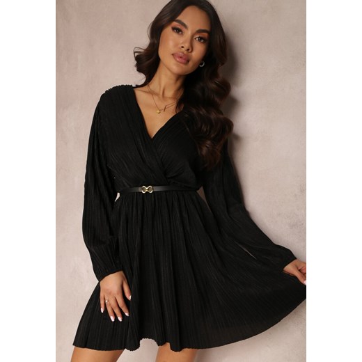 Czarna Sukienka Metaliczna Plisowana z Paskiem Fonelle ze sklepu Renee odzież w kategorii Sukienki - zdjęcie 157080627