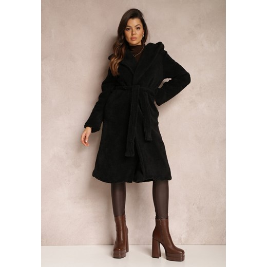 Czarny Futrzany Płaszcz Wiązany w Pasie Vimegi Renee ONE SIZE promocja Renee odzież