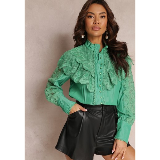 Zielona Koszula z Falbanką i Koronką Nido ze sklepu Renee odzież w kategorii Koszule damskie - zdjęcie 157081328