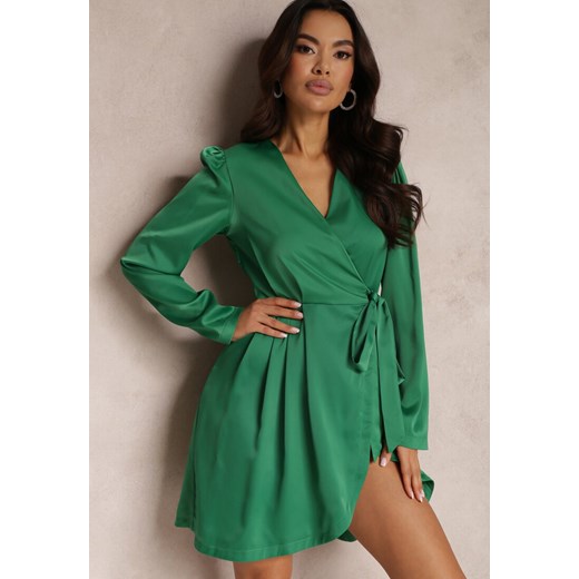 Zielona Satynowa Sukienka Kopertowa Vinc ze sklepu Renee odzież w kategorii Sukienki - zdjęcie 157081657