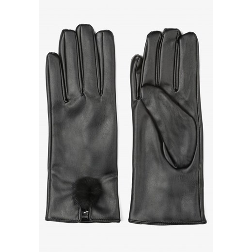 Czarne Ocieplone Rękawiczki z Imitacji Skóry z Pomponem Laidlesh ze sklepu Renee odzież w kategorii Rękawiczki damskie - zdjęcie 157081799