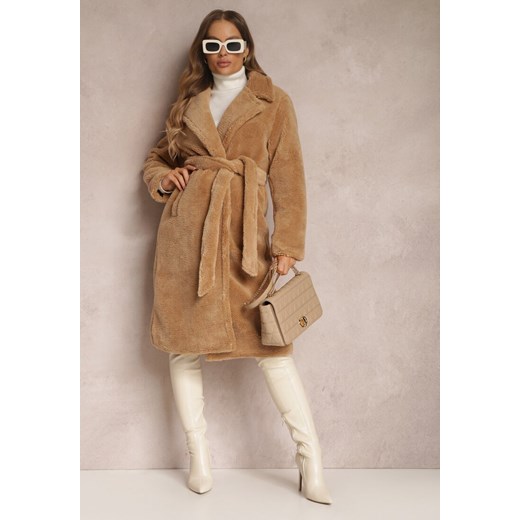 Beżowy Płaszcz Futrzany z Wiązanym Paskiem Nasava ze sklepu Renee odzież w kategorii Futra damskie - zdjęcie 157082149