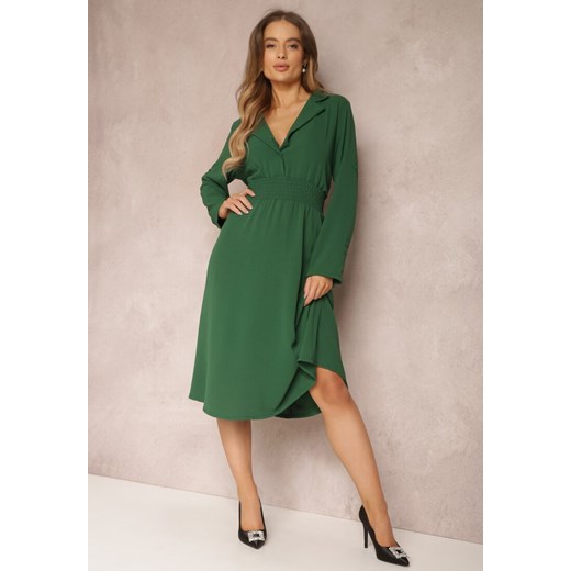 Zielona Koszulowa Sukienka Midi z Gumką w Pasie Natelin ze sklepu Renee odzież w kategorii Sukienki - zdjęcie 157082505