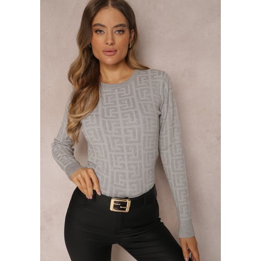 Szary Sweter w Geometryczny Wzór Hize ze sklepu Renee odzież w kategorii Swetry damskie - zdjęcie 157082595