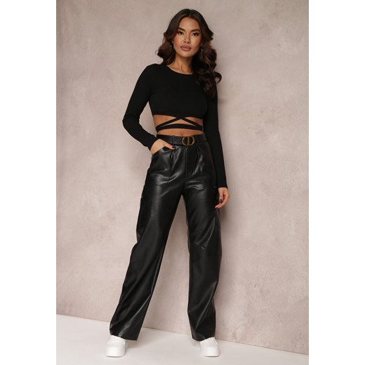 Czarne Spodnie z Imitacji Skóry Szerokie Narash ze sklepu Renee odzież w kategorii Spodnie damskie - zdjęcie 157083727