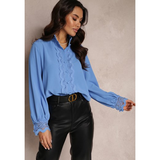 Niebieska Koszula z Ażurową Stójką i Bufiastym Rękawem Nito ze sklepu Renee odzież w kategorii Koszule damskie - zdjęcie 157083755