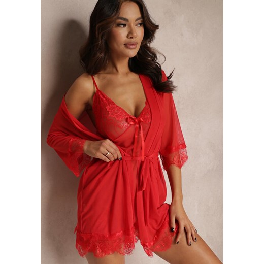 Czerwony 3-częściowy Komplet Piżamowy Koszula Nocna Szlafrok i Stringi Flatvale ze sklepu Renee odzież w kategorii Komplety bielizny damskiej - zdjęcie 157084105