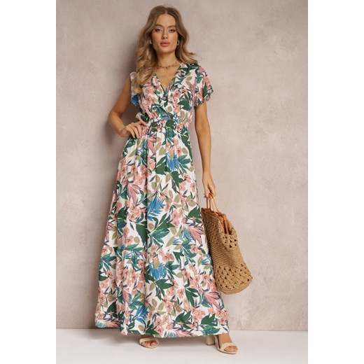 Biało-Zielona Sukienka z Wiskozy Maxi w Kwiaty Mahiza ze sklepu Renee odzież w kategorii Sukienki - zdjęcie 157084505
