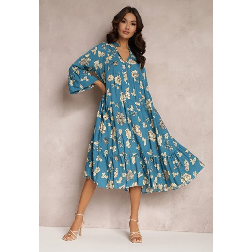 Niebieska Rozkloszowana Sukienka w Kwiaty Onilio ze sklepu Renee odzież w kategorii Sukienki - zdjęcie 157084579
