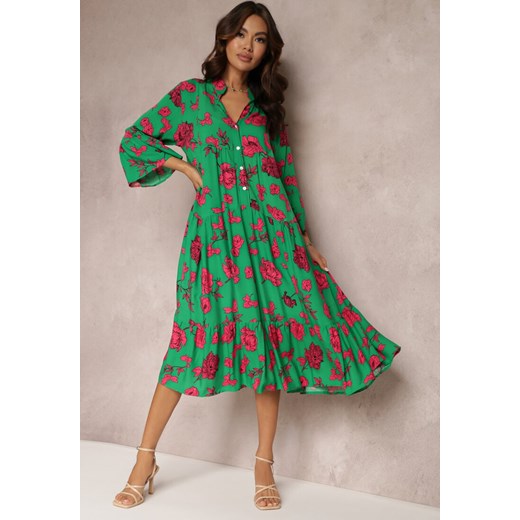 Zielona Rozkloszowana Sukienka w Kwiaty Onilio ze sklepu Renee odzież w kategorii Sukienki - zdjęcie 157084586