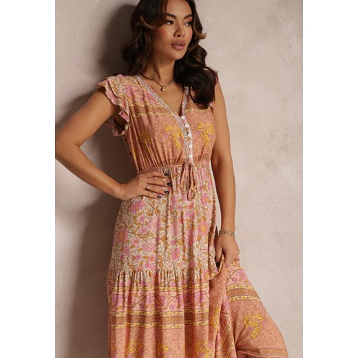 Pomarańczowo-Beżowa Sukienka z Wiskozy z Gumką i Sznurkiem w Pasie Anash Renee S promocyjna cena Renee odzież