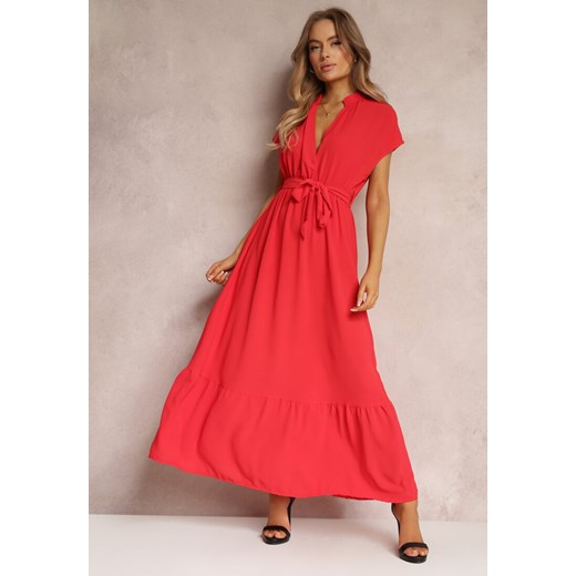 Czerwona Kopertowa Sukienka z Gumką w Talii i Wiązaniem Mylelse ze sklepu Renee odzież w kategorii Sukienki - zdjęcie 157084655