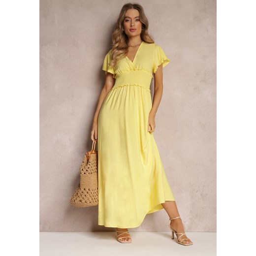Żółta Wiskozowa Sukienka z Kopertowym Dekoltem i Gumką w Pasie Shura ze sklepu Renee odzież w kategorii Sukienki - zdjęcie 157084705