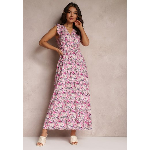 Różowo-Beżowa Kopertowa Sukienka Maxi z Gumką w Pasie i Falbaną Ammero Renee S promocja Renee odzież