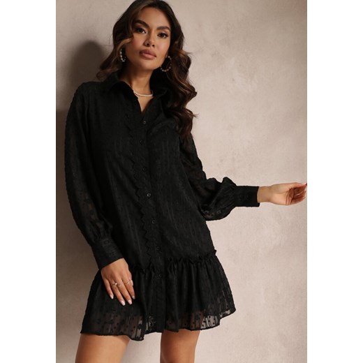 Czarna Koronkowa Sukienka Koszulowa z Falbanką Saniah ze sklepu Renee odzież w kategorii Sukienki - zdjęcie 157085256