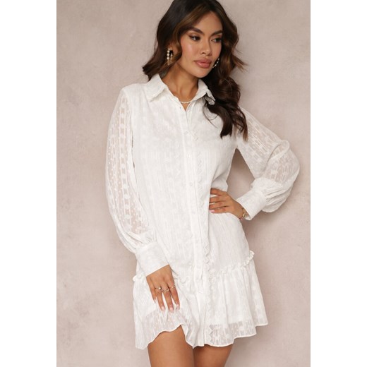 Biała Koronkowa Sukienka Koszulowa z Falbanką Saniah ze sklepu Renee odzież w kategorii Sukienki - zdjęcie 157085266