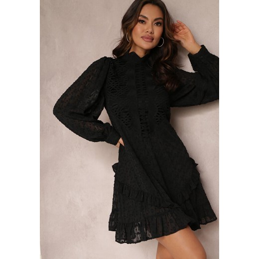 Czarna Sukienka Mini z Falbankami i Koronkowymi Wstawkami Piolini ze sklepu Renee odzież w kategorii Sukienki - zdjęcie 157085326