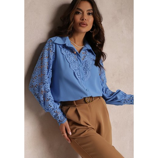 Niebieska Ażurowa Koszula z Bufiastym Rękawem i Perłowymi Guzikami Ingebo ze sklepu Renee odzież w kategorii Koszule damskie - zdjęcie 157085395
