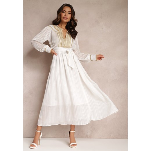 Biała Metaliczna Sukienka z Ozdobnym Dekoltem i Paskiem Adyson ze sklepu Renee odzież w kategorii Sukienki - zdjęcie 157085716