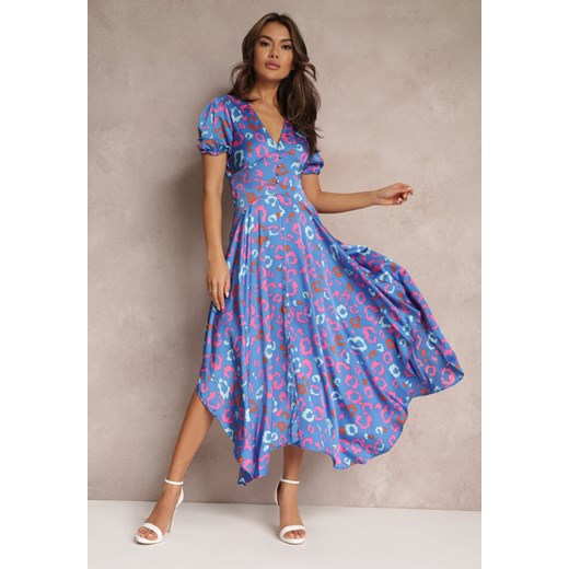 Niebieska Sukienka Maxi z Gumką w Talii i Asymetrycznym Dołem Amparo ze sklepu Renee odzież w kategorii Sukienki - zdjęcie 157086055