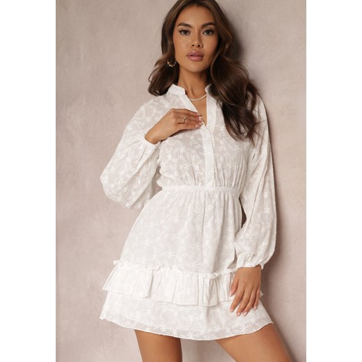 Biała Sukienka Mini z Haftem i Guzikami Anastacia ze sklepu Renee odzież w kategorii Sukienki - zdjęcie 157086155