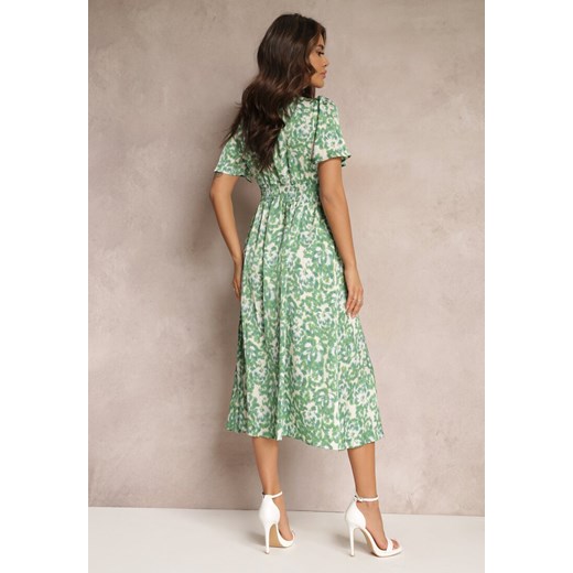 Zielona Satynowa Sukienka Midi z Gumkami w Pasie Alease Renee S Renee odzież wyprzedaż