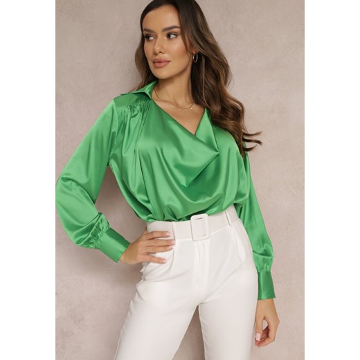 Zielona Bluzka Satynowa z Lejącym Dekoltem Conni ze sklepu Renee odzież w kategorii Bluzki damskie - zdjęcie 157086836