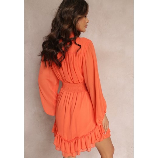 Pomarańczowa Sukienka Mini z Marszczoną Gumką i Przezroczystymi Rękawami Janay Renee M okazyjna cena Renee odzież
