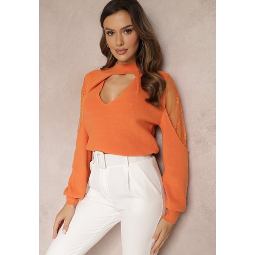 Pomarańczowy Sweter z Golfem Wycięciem i Koronką na Rękawie Indiah ze sklepu Renee odzież w kategorii Swetry damskie - zdjęcie 157087288