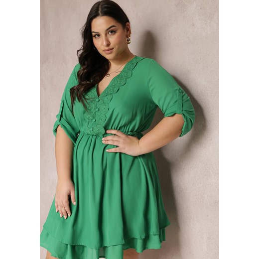 Zielona Sukienka Mini z Gumką w Talii i Koronkowymi Wstawkami Kelia ze sklepu Renee odzież w kategorii Sukienki - zdjęcie 157088168