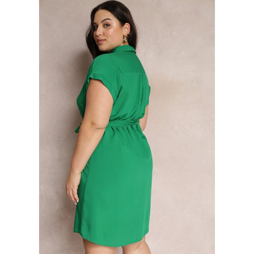 Zielona Sukienka Mini z Wiskozy z Kołnierzem i Materiałowym Paskiem  Mazayah Renee 4XL wyprzedaż Renee odzież