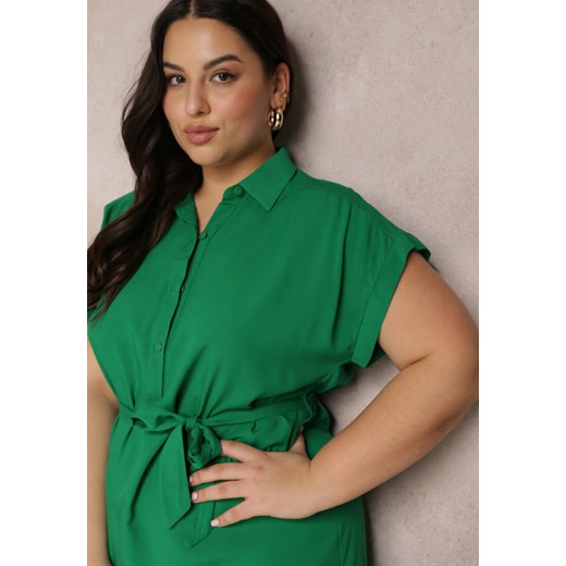 Zielona Sukienka Mini z Wiskozy z Kołnierzem i Materiałowym Paskiem  Mazayah Renee 2XL promocja Renee odzież