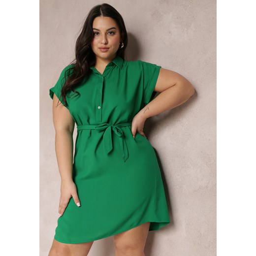Zielona Sukienka Mini z Wiskozy z Kołnierzem i Materiałowym Paskiem  Mazayah Renee L promocyjna cena Renee odzież