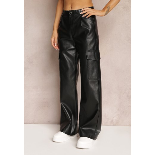 Czarne Szerokie Spodnie z Wysokim Stanem z Imitacji Skóry Alymia Renee L promocyjna cena Renee odzież