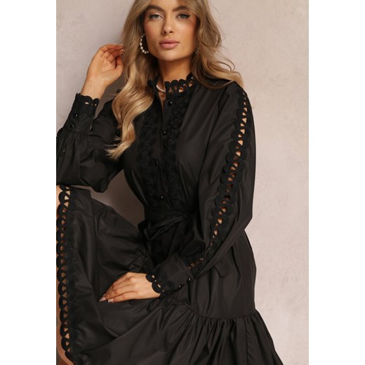Czarna Sukienka Midi z Ażurowymi Wstawkami i Wiązanym Paskiem Hudo ze sklepu Renee odzież w kategorii Sukienki - zdjęcie 157089058