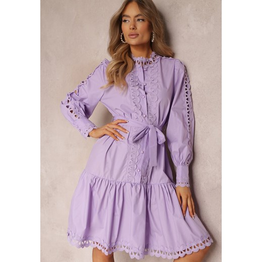 Jasnofioletowa Sukienka Midi z Ażurowymi Wstawkami i Wiązanym Paskiem Hudo ze sklepu Renee odzież w kategorii Sukienki - zdjęcie 157089078
