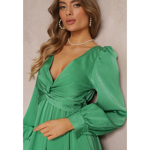 Sukienka zielona Renee midi z dekoltem v elegancka rozkloszowana z długim rękawem 