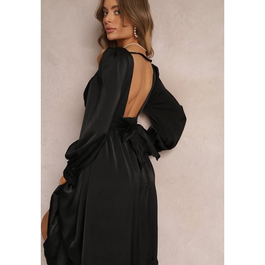 Czarna Sukienka Midi z Falbanką na Dole i Supełkiem przy Trójkątnym Dekolcie Nimalisa ze sklepu Renee odzież w kategorii Sukienki - zdjęcie 157089156