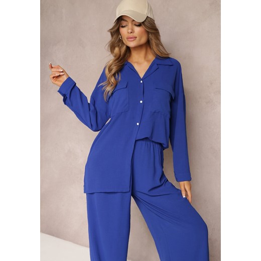 Granatowy 2-częsciowy Komplet Casual z Szerokimi Spodniami i Koszulą Oversize Renee S promocja Renee odzież