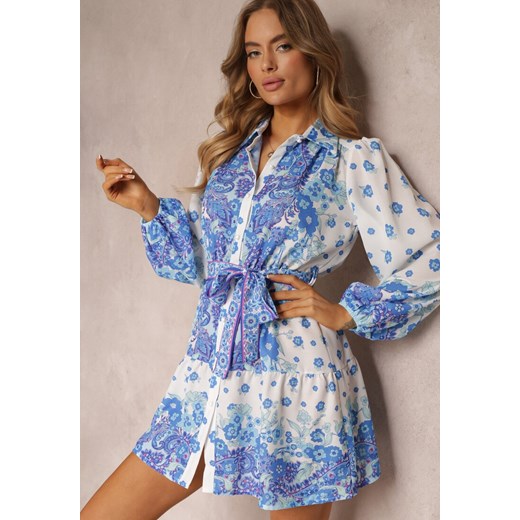 Niebieska Wiązana Sukienka z Kołnierzykiem i Gumką w Pasie Santanna ze sklepu Renee odzież w kategorii Sukienki - zdjęcie 157089226