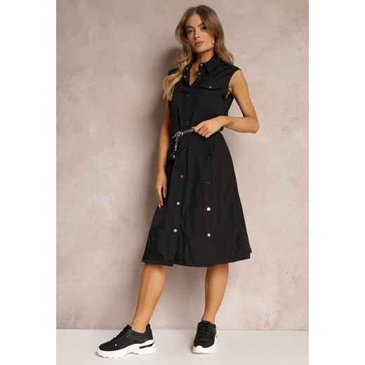 Czarna Sukienka za Kolano z Ozdobnym Paskiem Adarene ze sklepu Renee odzież w kategorii Sukienki - zdjęcie 157089817