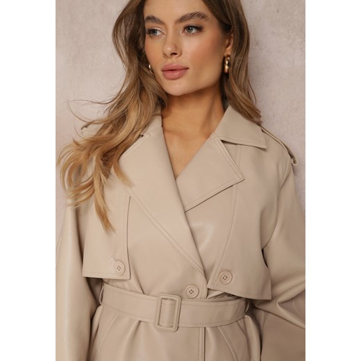 Beżowa Kurtka Jednorzędowa Oversize z Paskiem Maxx Renee 2XL promocja Renee odzież