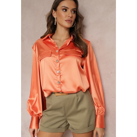 Pomarańczowa Satynowa Koszula z Guzikami i Klapami Franceska ze sklepu Renee odzież w kategorii Koszule damskie - zdjęcie 157090299