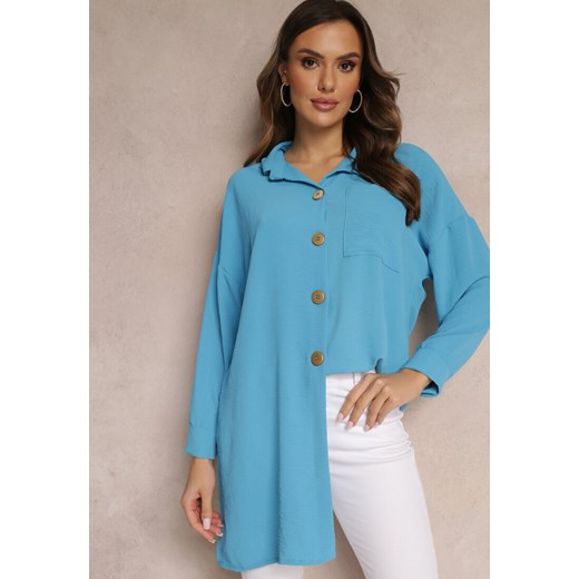 Niebieska Koszula Oversize o Długim Fasonie z Rozcięciami Tasine ze sklepu Renee odzież w kategorii Koszule damskie - zdjęcie 157090419