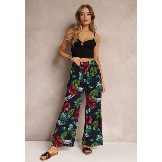 Granatowe Spodnie z Roślinnym Wzorem z Gumką w Talii Karlita ze sklepu Renee odzież w kategorii Spodnie damskie - zdjęcie 157090469