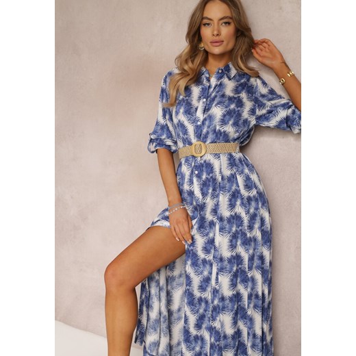 Niebieska Koszulowa Sukienka Maxi z Guzikami i Podpinanymi Rękawami Jaye ze sklepu Renee odzież w kategorii Sukienki - zdjęcie 157090527